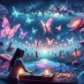 In a vibrant dream, the DJ spun melodies beneath a starlit sky.