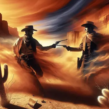 In a dream, dust swirls as cowboys duel under a blazing Old West sun.