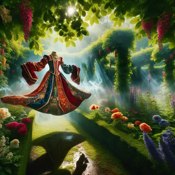 In a dream, vibrant Renaissance outfit swirls among enchanted gardens and dancing shadows.