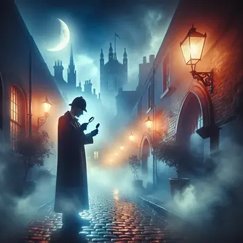 In a foggy alley, Sherlock Holmes solves mysteries under a crescent moon.