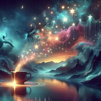 In a dream, a coffee cup spills shimmering stars across the sky.