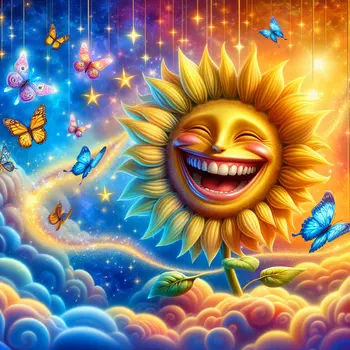 In my dream, a laughing sunflower dances under a bright, shimmering sky.