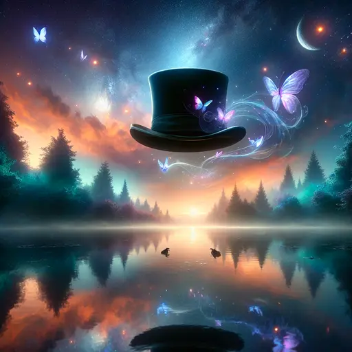 In a dream, a top hat floated serenely above a shimmering lake.