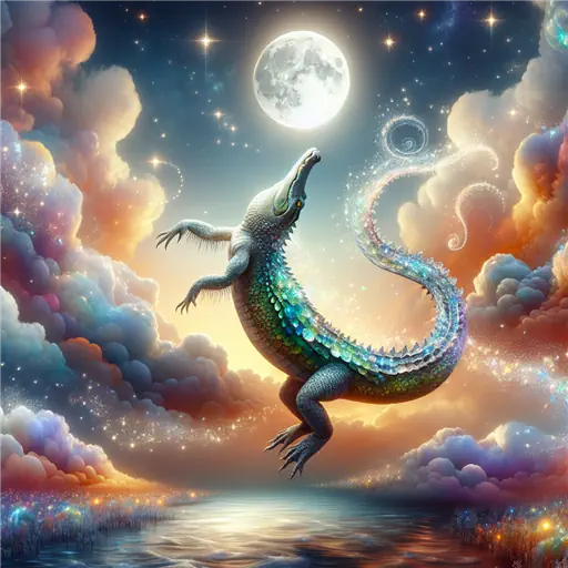 In a surreal dream, an alligator danced under a bright, moonlit sky.