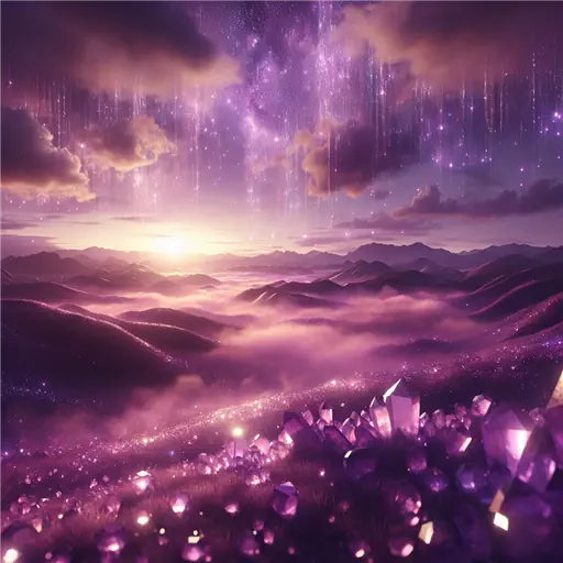 In a dream, shimmering amethysts fell like rain, casting brilliant purple shadows.