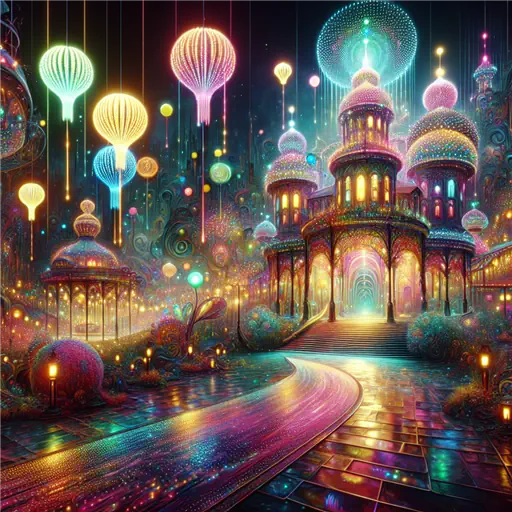 In the dream, colorful lights danced at the enchanting amusement park entrance.