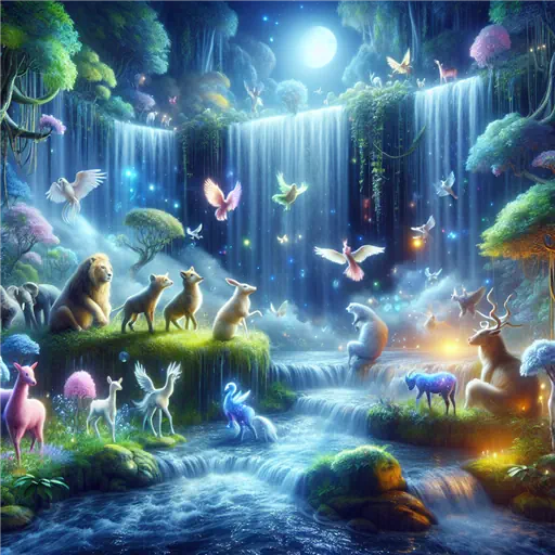 In a dream, animal characters danced beneath a moonlit, shimmering waterfall.