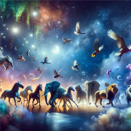 In my dream, animals dance under a starry sky, harmonizing beautifully together.