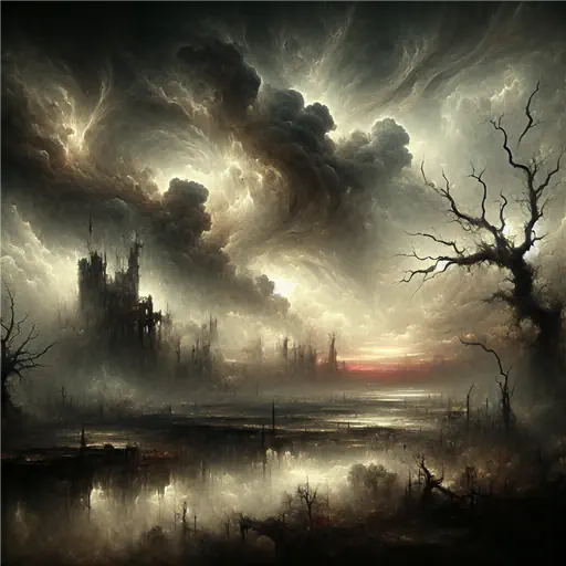 In a dream, ash-filled skies foretell an impending apocalypse, shadows consuming hope.