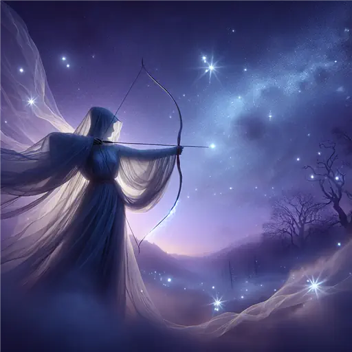 In a dream, the archer stands poised, bow drawn, aiming at twilight stars.