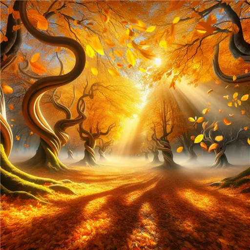 Golden leaves swirl in the breeze; a serene dream of autumn unfolds.