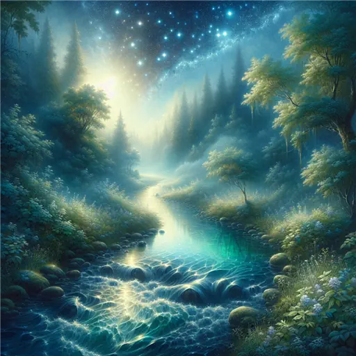 In my dream, a babbling brook sings under a starlit, tranquil sky.