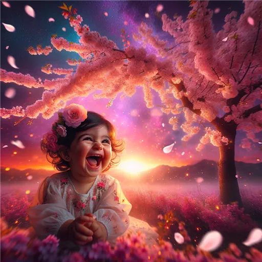 In a serene dream, a baby girl giggles under a blooming cherry tree.