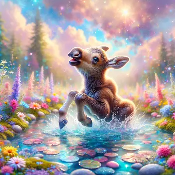 In my dream, a playful baby moose splashed joyfully in a sparkling pond. In my dream, a playful baby moose splashed joyfully in a sparkling pond.
