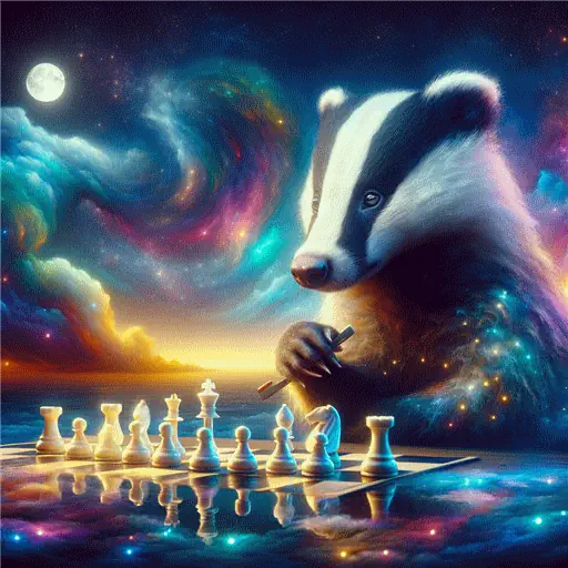 In a surreal dream, a mischievous badger plays chess under a moonlit sky.