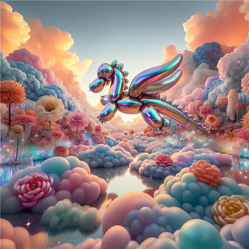 In a vibrant dream, a balloon animal dragon soared through cotton candy clouds.