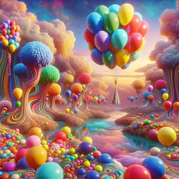 In a dream, vibrant balloons floated above a whimsical, candy-colored landscape. In a dream, vibrant balloons floated above a whimsical, candy-colored landscape.