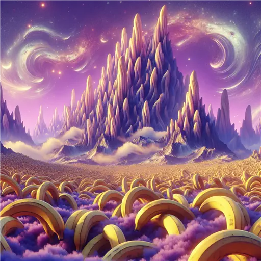 In a dream, mountains of bananas danced under a glowing, purple sky.