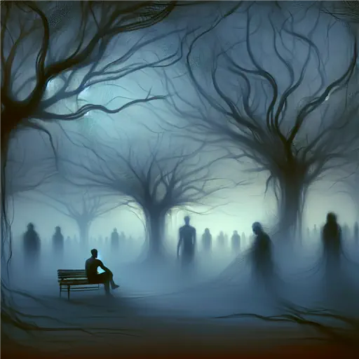 In a foggy park, shadows whisper secrets of being sad in dreams.