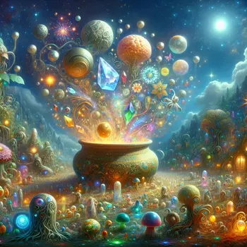 In the dream, a giant pot bubbles, overflowing with colorful, shimmering treasures.