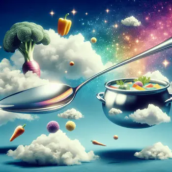 In the dream, a giant big spoon stirs a whimsical, floating soup pot.