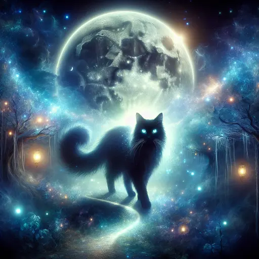 In the dream, a mysterious black cat led me through shimmering moonlight.