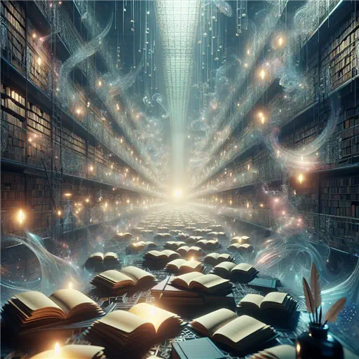 In a vast library, dream whispers echo between endless blank pages.