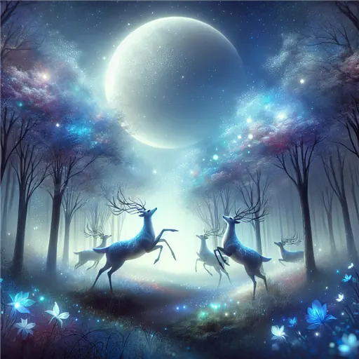 In my dream, blue deer danced gracefully under a shimmering silver moon.