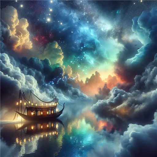 In my dream, a mystical boat sailed through shimmering silver clouds above.