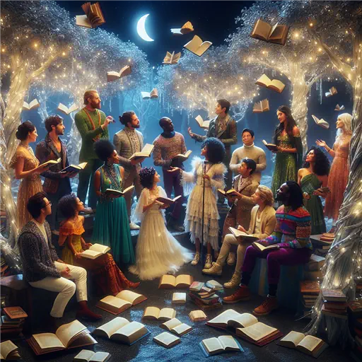 In a dream, book club members debate wildly under sparkling fairy lights.