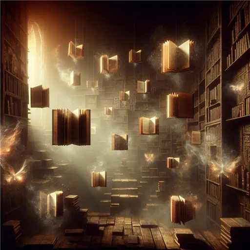 In a dream, floating books whispered secrets, illuminating a dark, timeless library.