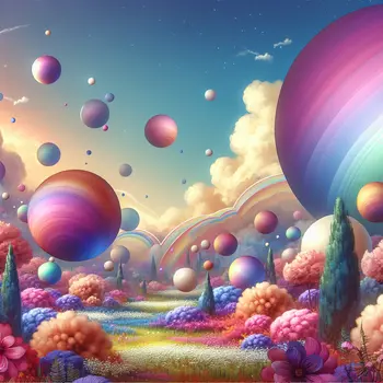In a surreal dream, colorful orbs bounce joyfully across a vibrant landscape. In a surreal dream, colorful orbs bounce joyfully across a vibrant landscape.