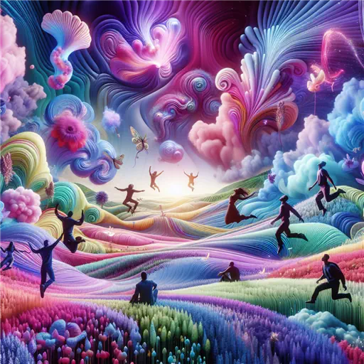 In a vibrant dream, I'm bouncing and floating above a kaleidoscopic landscape.