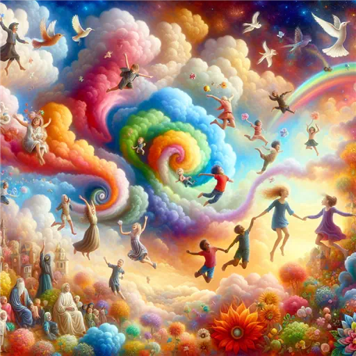 In a dream, vibrant clouds floated as children joyfully bounced on air.