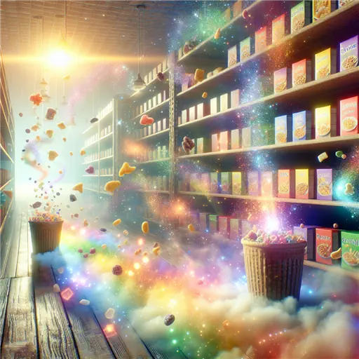 In a dream, the breakfast cereal aisle sparkles with rainbow-hued boxes dancing.