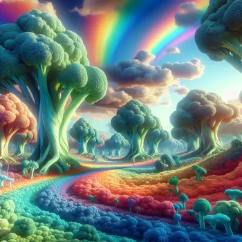 In my dream, towering broccoli trees danced under a rainbow sky.