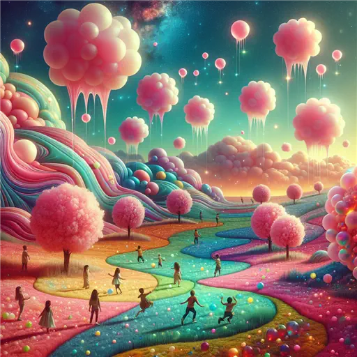 In a dream, bubble gum clouds floated, raining sweet flavors over laughing children.