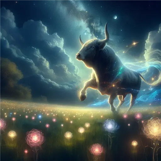 In my dream, a majestic bull danced under a starry, moonlit sky.