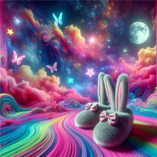 In my dream, bunny slippers danced under a moonlit, candy-colored sky.