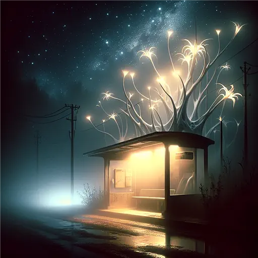 In a dream, mist surrounds a lonely bus stop, shadows whisper secrets.