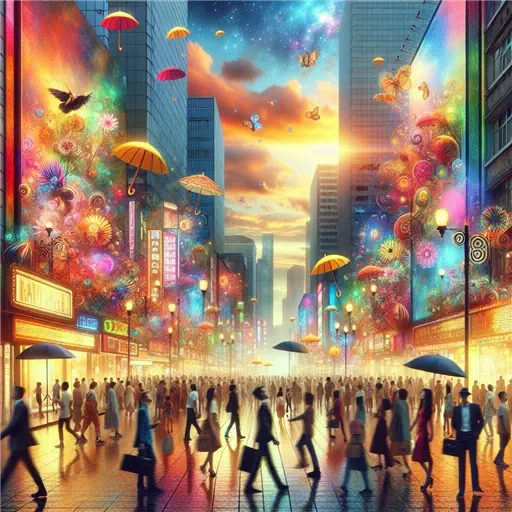 In a dream, vibrant lights flickered on the bustling city street's chaos.