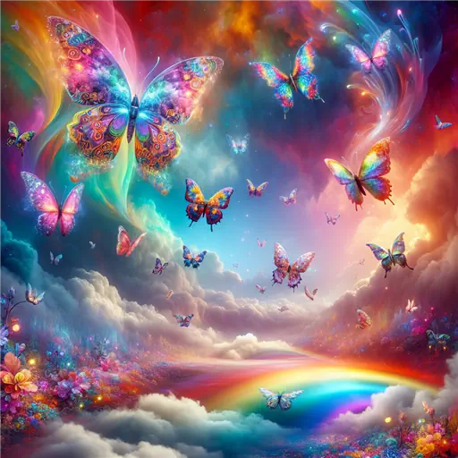 In my dream, butterflies danced beneath a vibrant, swirling rainbow sky.