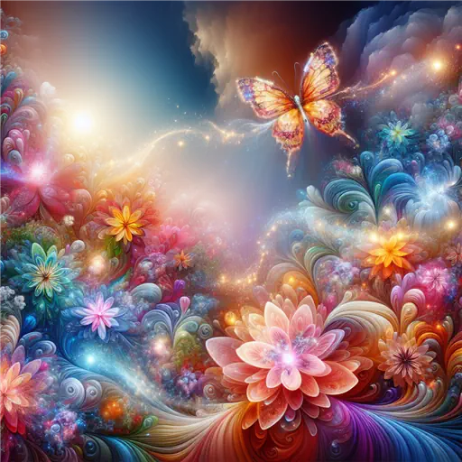 In my dream, a radiant butterfly danced among vibrant, swirling flowers.