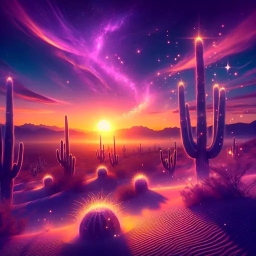 In a dream, cacti glowed under a vibrant orange sunset, whispering secrets.