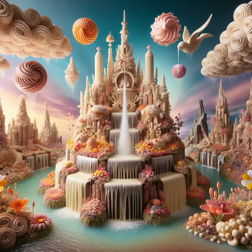 In a whimsical dream, chocolate waterfalls cascade into a giant cake fountain.