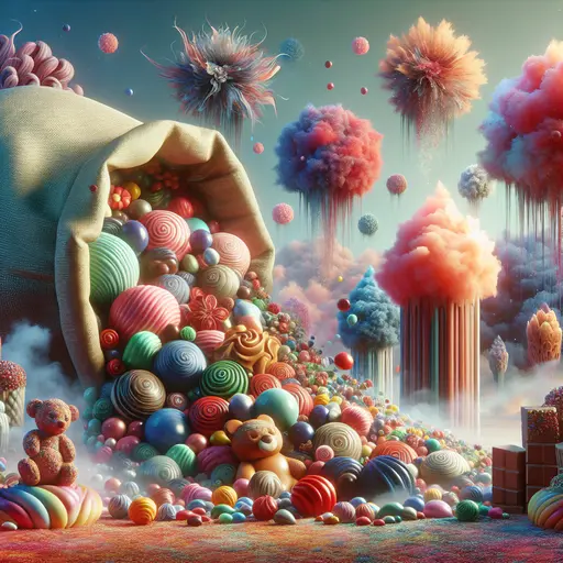 In my dream, a giant candy bag spills colorful treats endlessly on the ground.