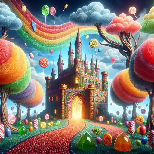 In my dream, the candy castle sparkled under a rainbow sky, shimmering sweetness.