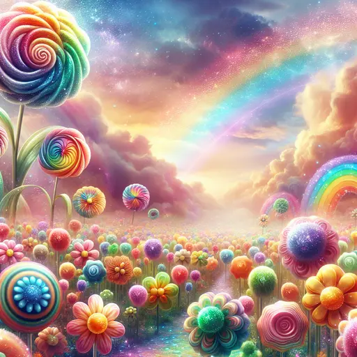 In my dream, candy flowers bloomed under a rainbow, shimmering with sweetness.