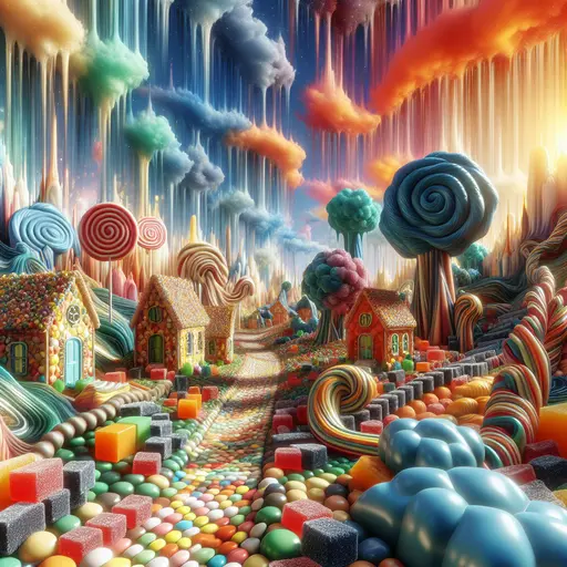 In my dream, candy houses sparkled under a sky filled with sweets.