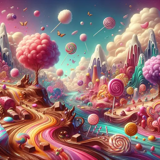 In a dream, chocolate rivers flow through vibrant candy land, sparkling happiness everywhere.